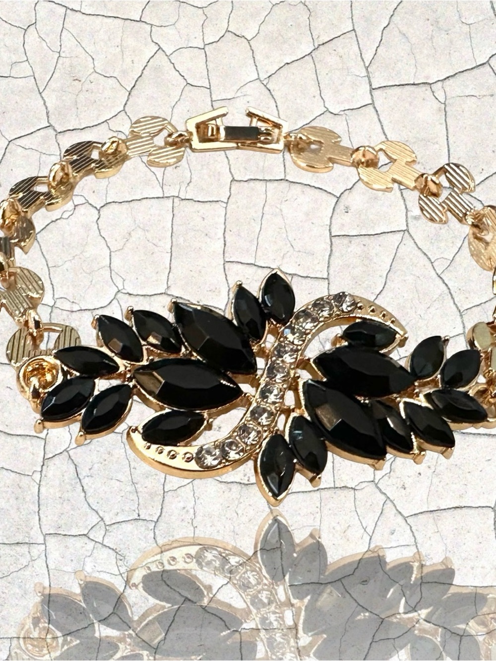 Gold-Tone Bracelet with Black Marquise Stones - Elegant Women's Jewelry